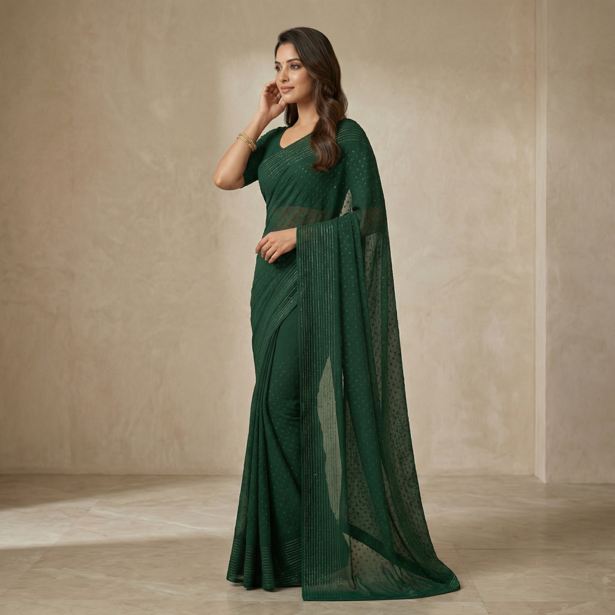 Forest Green Shimmer Chiffon Saree with Textured Half Sleeve Blouse - Image 2