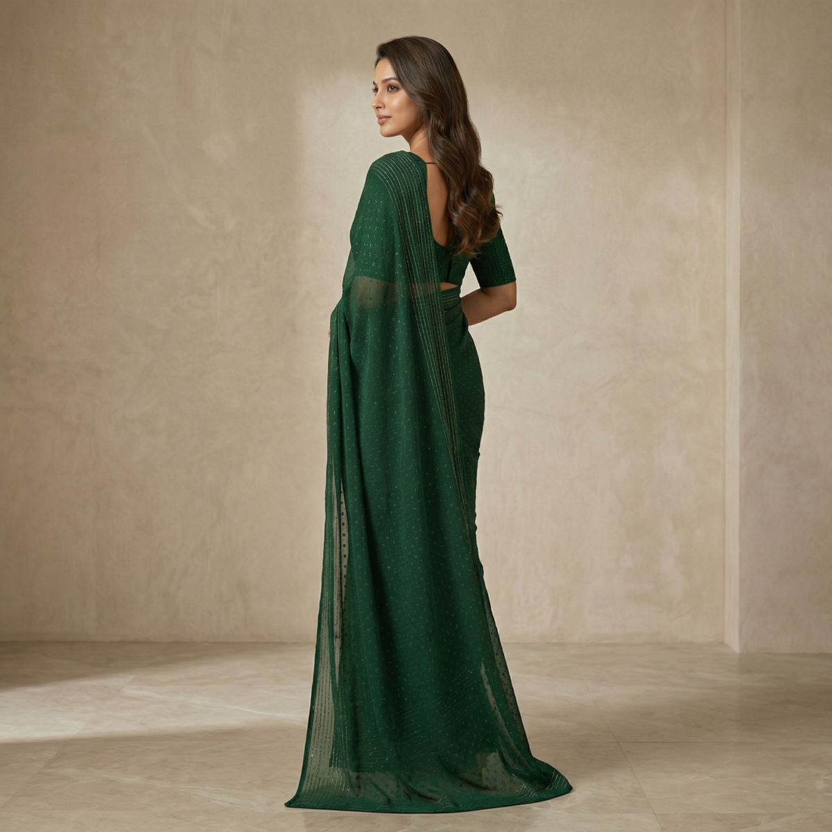 Forest Green Shimmer Chiffon Saree with Textured Half Sleeve Blouse - Image 3