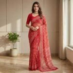 Red Geometric Print Chiffon Saree with Half Sleeve Blouse