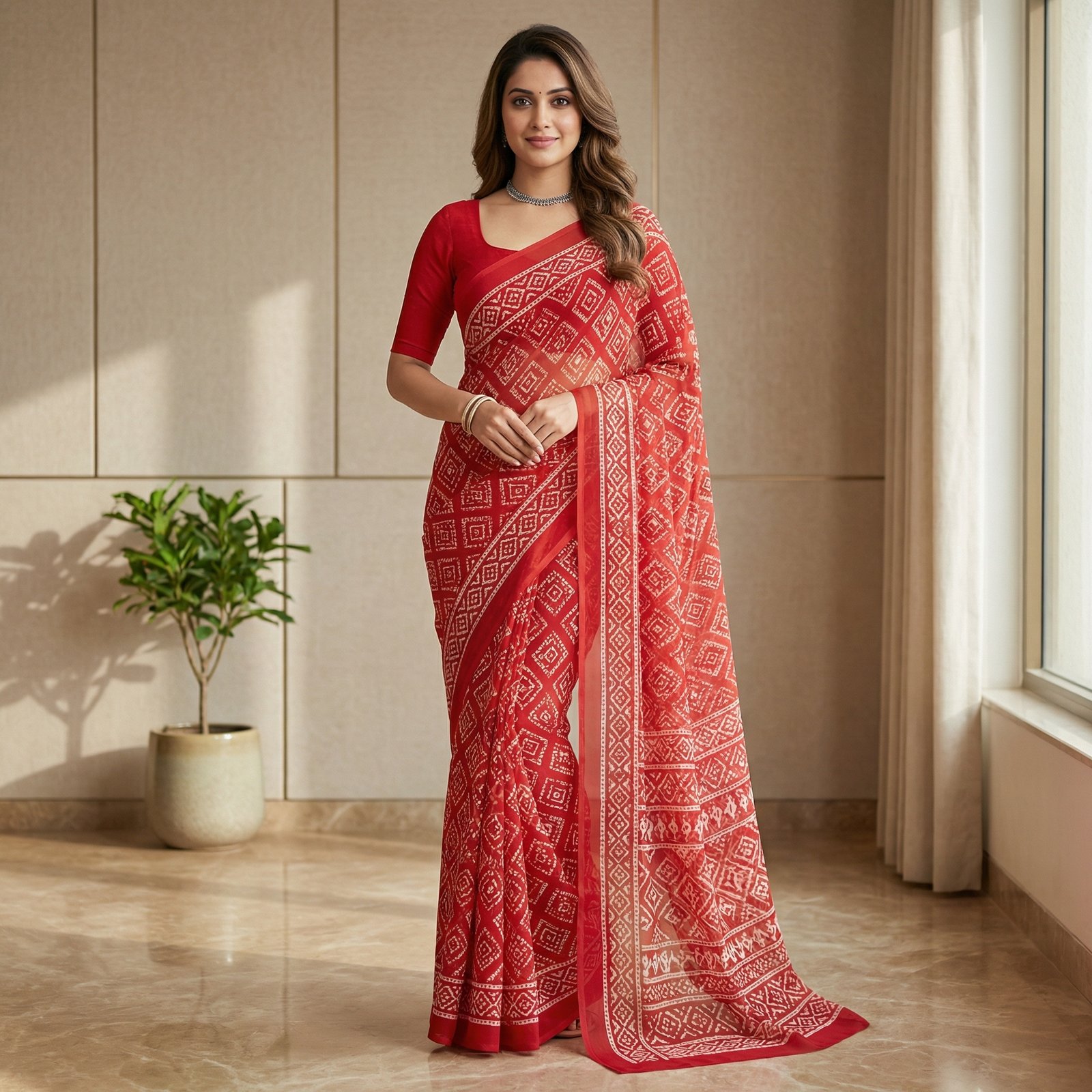hf_20260302_045926_6fe1bfc2-426b-40b7-b915-94e7684331da Red Geometric Print Chiffon Saree with Half Sleeve Blouse - Image 1