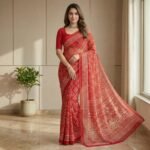 Red Geometric Print Chiffon Saree with Half Sleeve Blouse - Image 4
