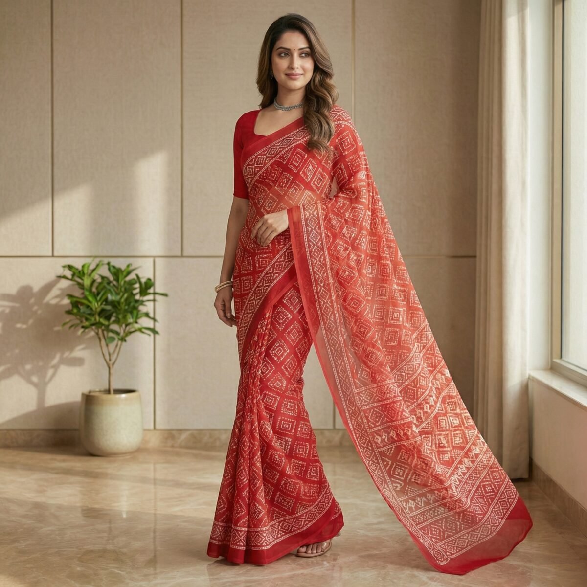 Red Geometric Print Chiffon Saree with Half Sleeve Blouse - Image 2