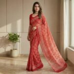 Red Geometric Print Chiffon Saree with Half Sleeve Blouse - Image 2