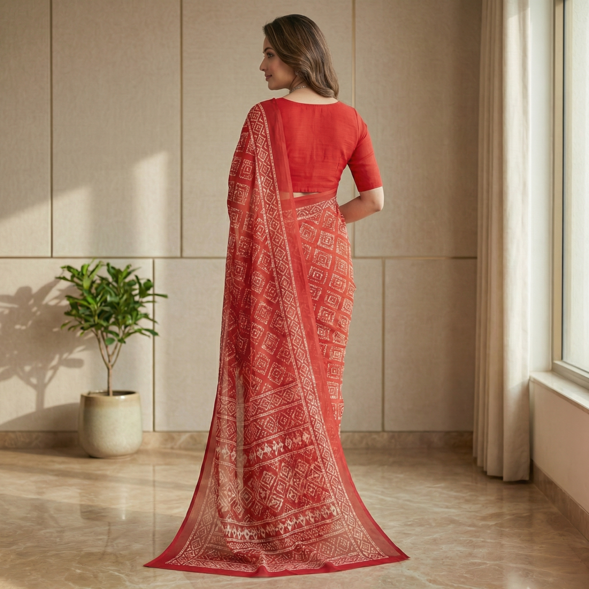 Red Geometric Print Chiffon Saree with Half Sleeve Blouse - Image 3