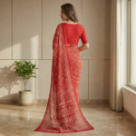Red Geometric Print Chiffon Saree with Half Sleeve Blouse - Image 3
