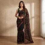 Black Chiffon Saree with Red Rose Embroidery & Green Sleeveless Blouse