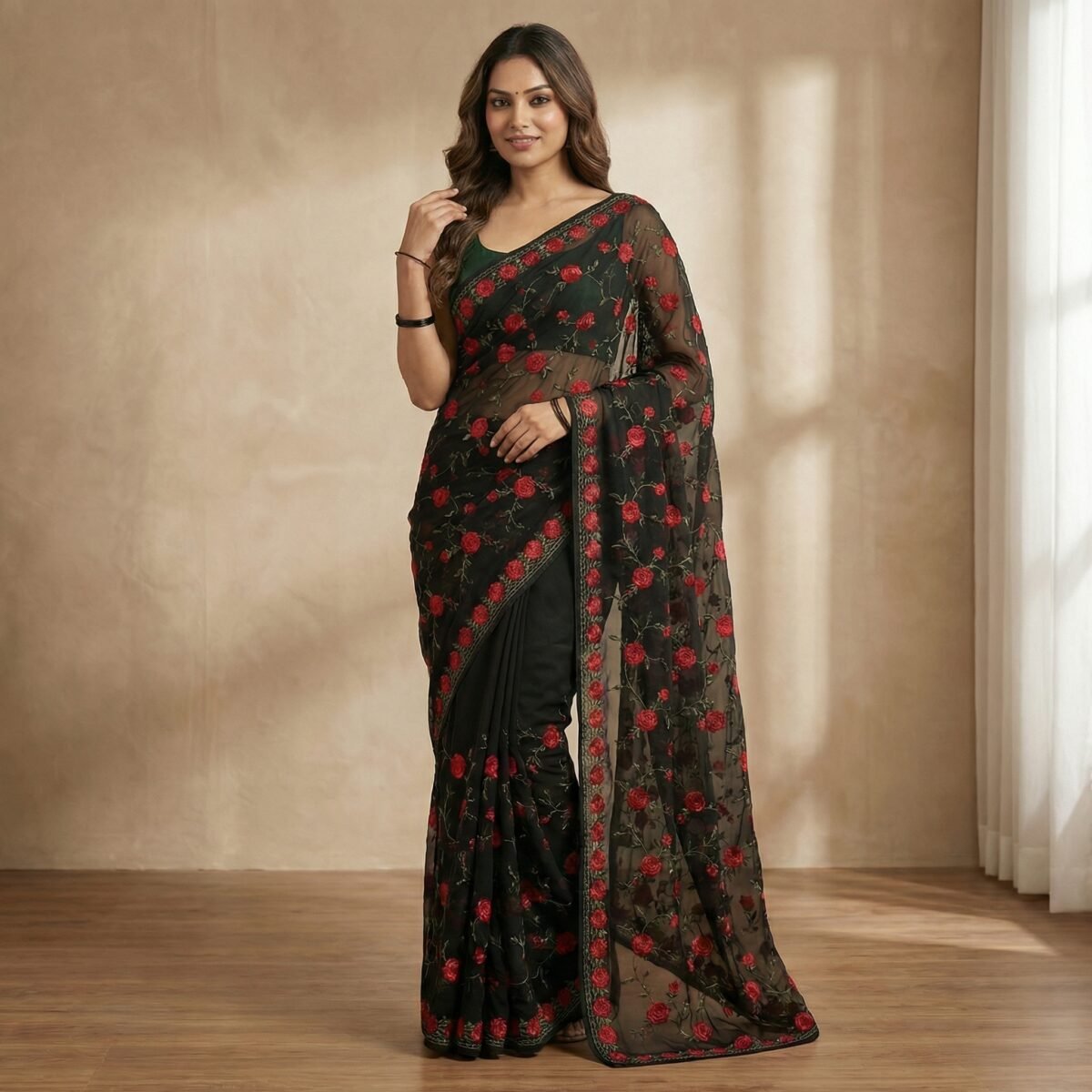 Black Chiffon Saree with Red Rose Embroidery & Green Sleeveless Blouse - Image 2