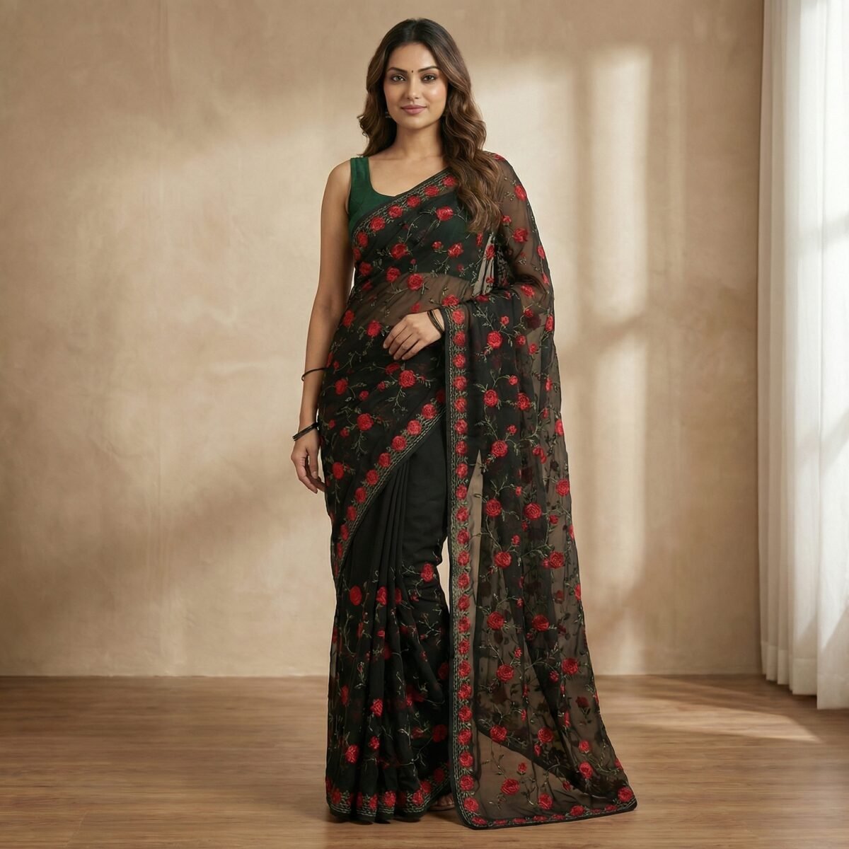 Black Chiffon Saree with Red Rose Embroidery & Green Sleeveless Blouse - Image 4