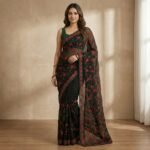 Black Chiffon Saree with Red Rose Embroidery & Green Sleeveless Blouse - Image 4