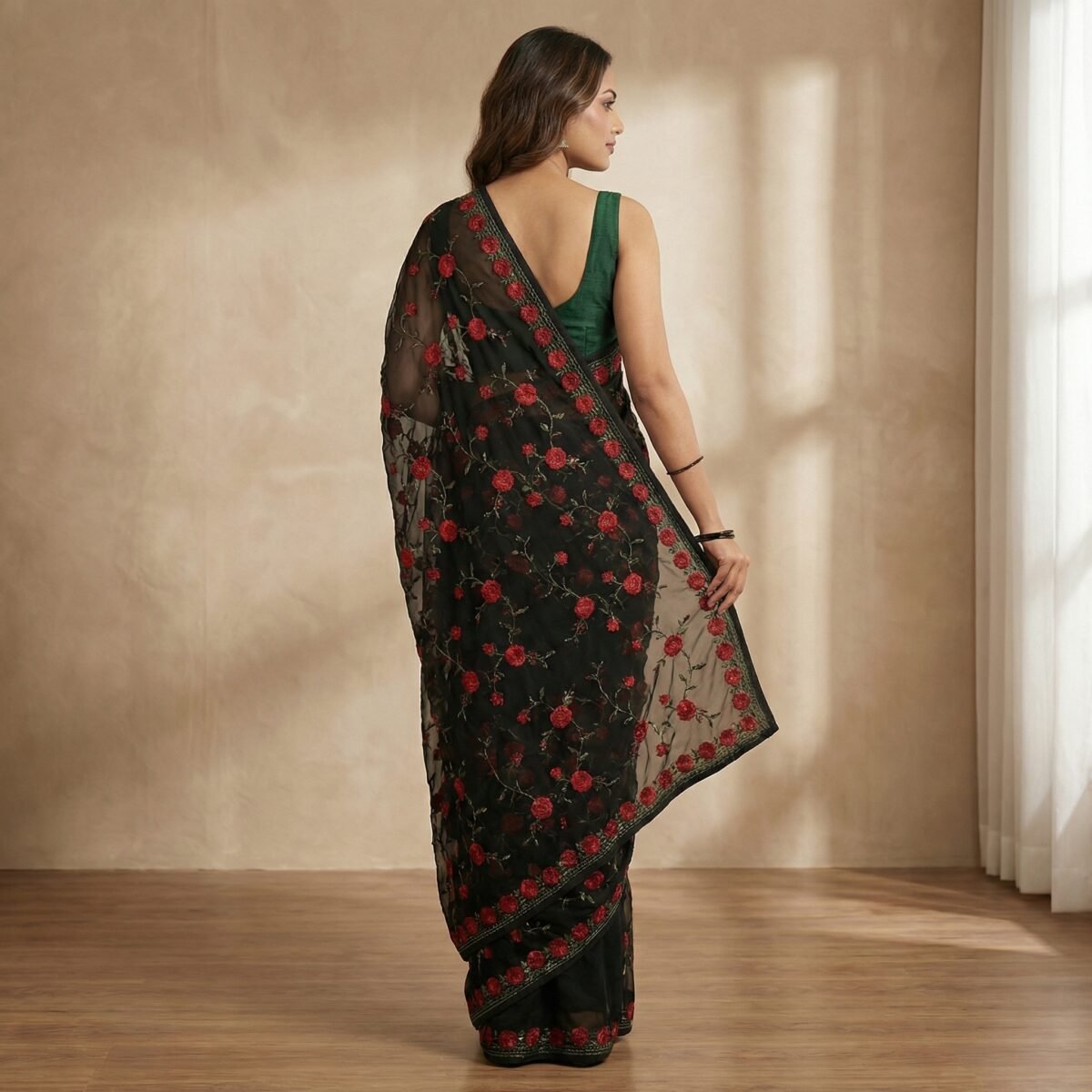 Black Chiffon Saree with Red Rose Embroidery & Green Sleeveless Blouse - Image 3