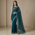 Deep Teal Chiffon Saree with Silver Floral Embroidered Border