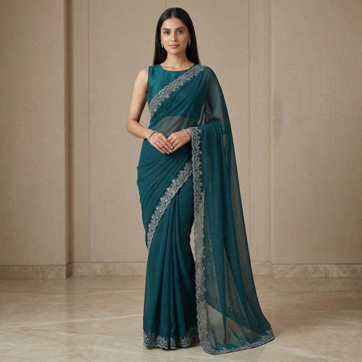 Deep Teal Chiffon Saree with Silver Floral Embroidered Border - Image 2