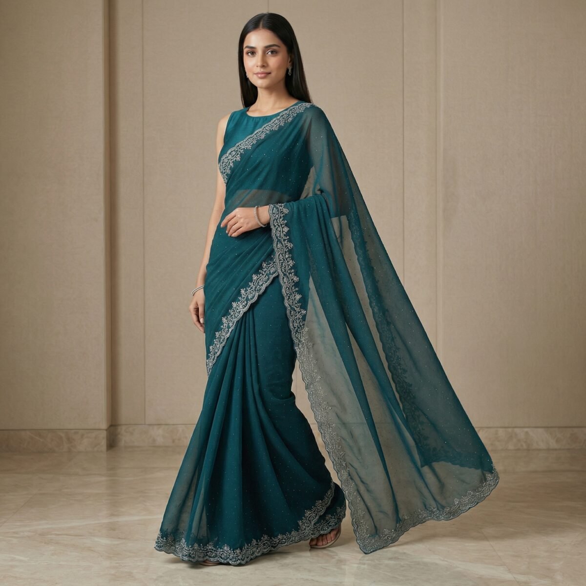 Deep Teal Chiffon Saree with Silver Floral Embroidered Border - Image 4