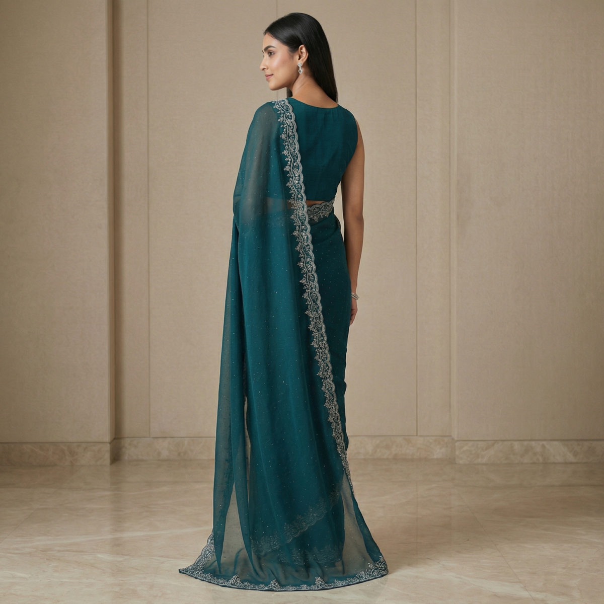 Deep Teal Chiffon Saree with Silver Floral Embroidered Border - Image 3