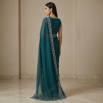 Deep Teal Chiffon Saree with Silver Floral Embroidered Border - Image 3