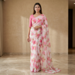 Pink Floral Chiffon Saree with Pink Blouse – Party & Festive Wear