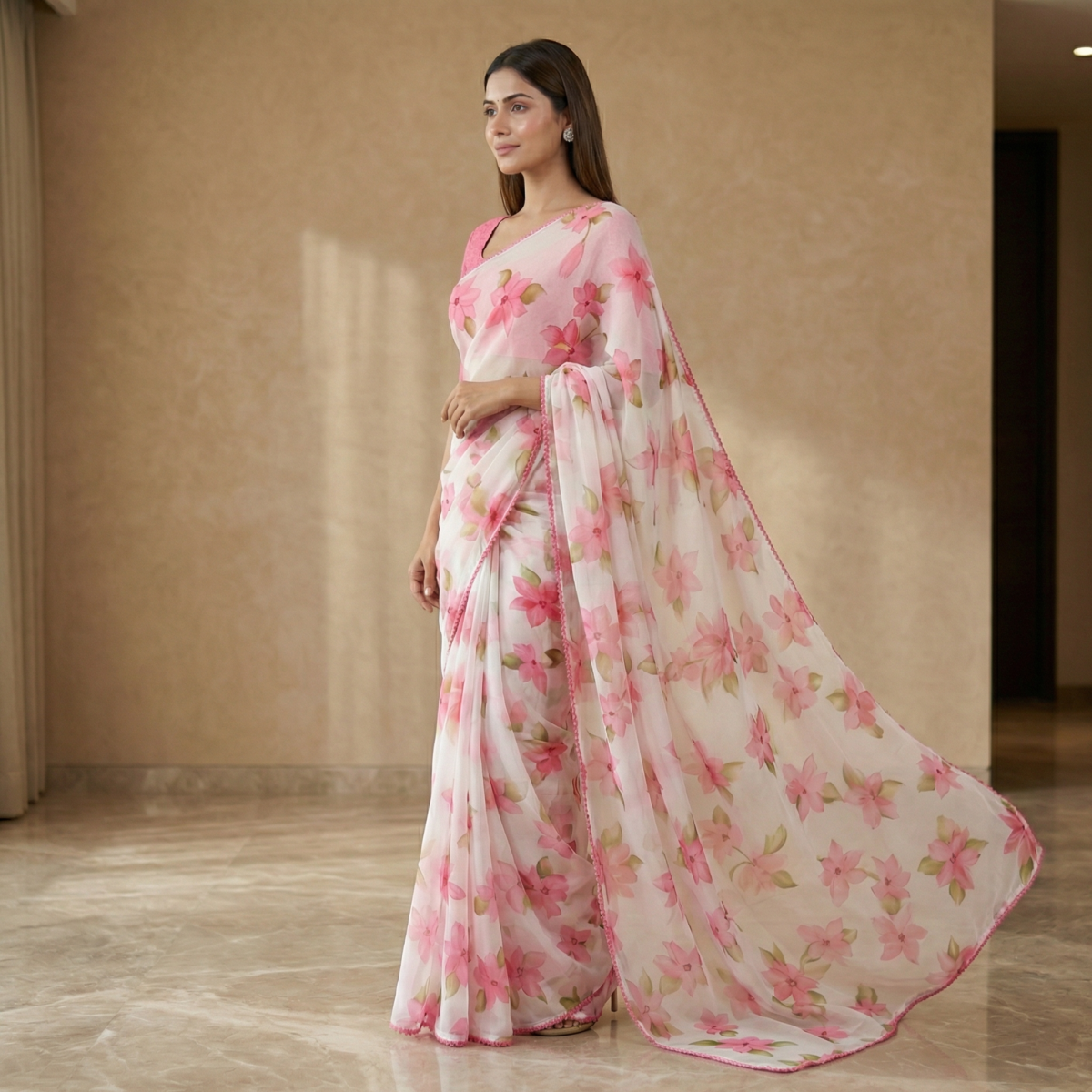 Pink Floral Chiffon Saree with Pink Blouse – Party & Festive Wear - Image 2