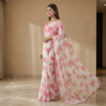 Pink Floral Chiffon Saree with Pink Blouse – Party & Festive Wear - Image 2