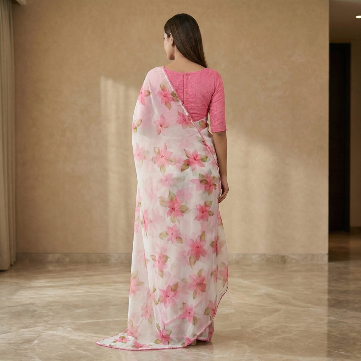 Pink Floral Chiffon Saree with Pink Blouse – Party & Festive Wear - Image 4