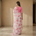 Pink Floral Chiffon Saree with Pink Blouse – Party & Festive Wear - Image 4