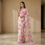 Pink Floral Chiffon Saree with Pink Blouse – Party & Festive Wear - Image 3