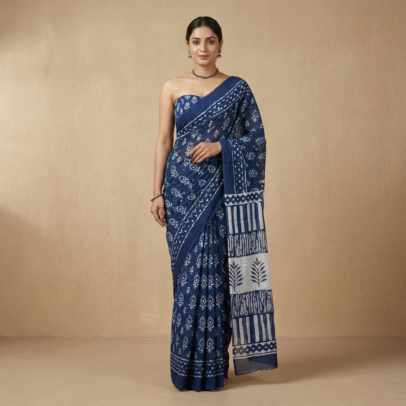 hf_20260302_125058_97169fa3-2318-4761-b353-9d6d525f398b Blue Hand Block Printed Pure Cotton Saree with Contrast Pallu - Image 1