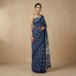 Blue Hand Block Printed Pure Cotton Saree with Contrast Pallu - Image 2
