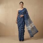 Blue Hand Block Printed Pure Cotton Saree with Contrast Pallu - Image 3