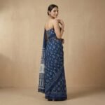 Blue Hand Block Printed Pure Cotton Saree with Contrast Pallu - Image 4