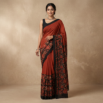 Brown Cotton Saree with Black Floral Embroidered Pallu