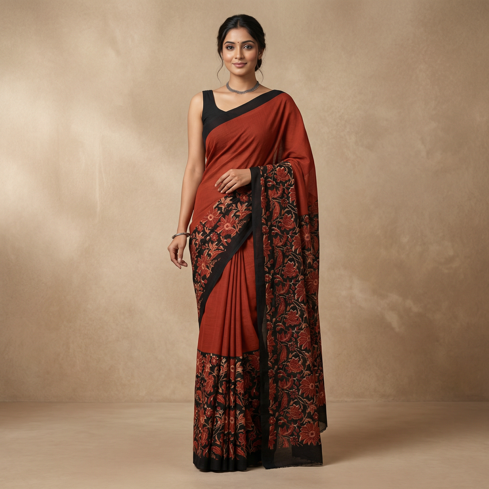 hf_20260303_023340_cb320e7b-64db-4477-9fd4-5cdfaf419699 Brown Cotton Saree with Black Floral Embroidered Pallu - Image 1