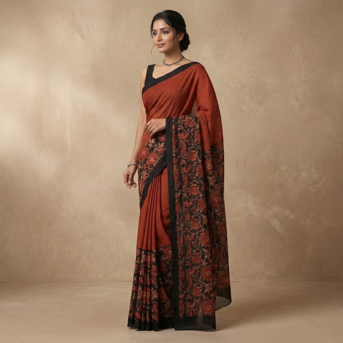 Brown Cotton Saree with Black Floral Embroidered Pallu - Image 4