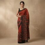 Brown Cotton Saree with Black Floral Embroidered Pallu - Image 3