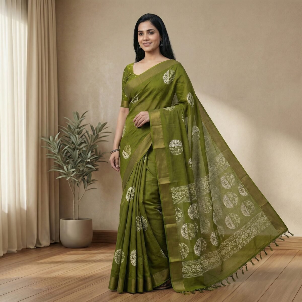 Green Cotton Saree with White Motifs & Elbow Sleeve Blouse - Image 2