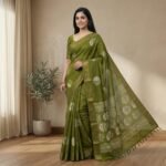 Green Cotton Saree with White Motifs & Elbow Sleeve Blouse - Image 2