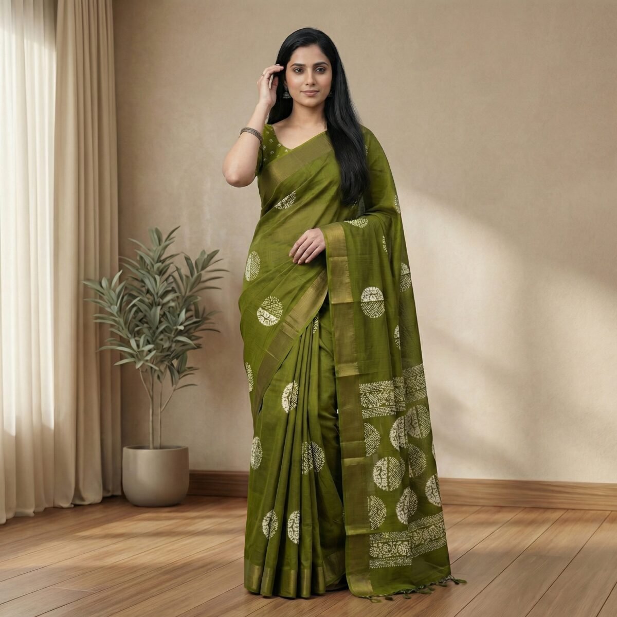 Green Cotton Saree with White Motifs & Elbow Sleeve Blouse - Image 4