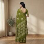 Green Cotton Saree with White Motifs & Elbow Sleeve Blouse - Image 3